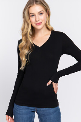 Active Basic V Neck TShirt Long Sleeve Cotton Top Lightweight  S-L Plus XL-2X