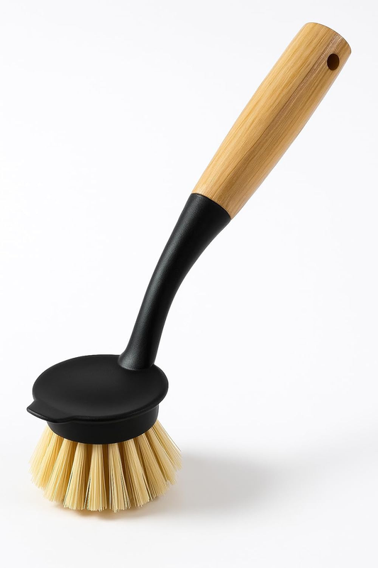 Bamboo Dish Brush with Long Handle – Natural Wooden Pot Scrubber for Kitchen, No