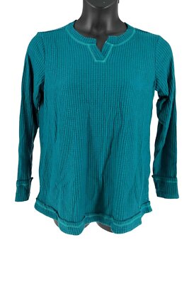 LOGO Lounge by Lori Goldstein Cloud Waffle Split Neck Top Green
