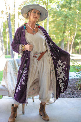 Pre-owned Jaded Gypsy Moonlight Walk Velvet Duster Jacket Dark Plum In Purple