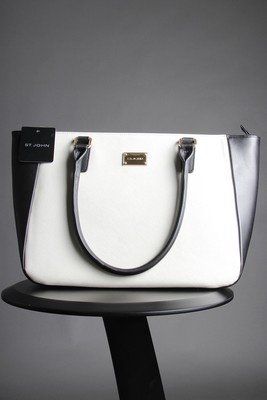 St John Knits Leather Top Grain Metro Style Tote Bag White/Black NWT MSRP $990