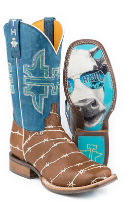 Pre-owned Tin Haul Womens Tan/royal Blue Leather Hands Off Cowboy Boots