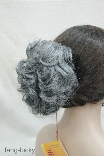Black Gray Mix Short Curly Wavy Claw Clip Cute Ponytail Hair