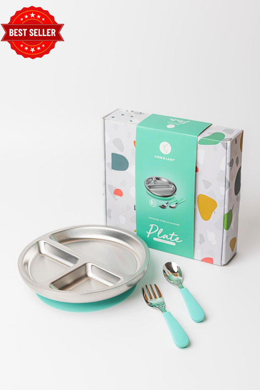 Lion & Lady Stainless Steel Baby Food Toddler Plate with Silicone Suction Base,