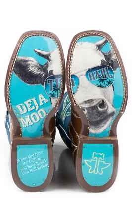 Pre-owned Tin Haul Womens Tan/royal Blue Leather Hands Off Cowboy Boots