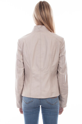 Shop Pre-owned Scully Womens Beige Leather Zip Stand Up Jacket