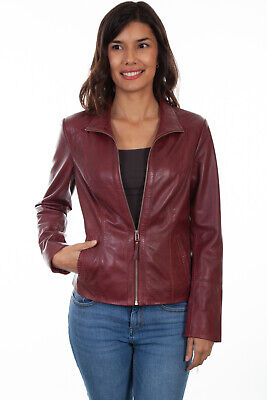 Pre-owned Scully Womens Merlot Leather Lightweight Zip Jacket In Red