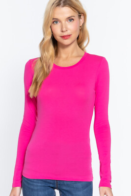 Womens Cotton Stretch Long Sleeve T-Shirt Plain Fitted Basic Solid Slim Layering