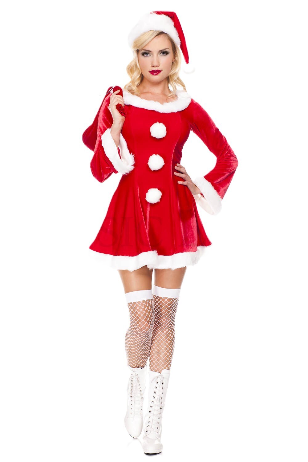 Sleigh Hottie Long Sleeve Santa Dress - Marabou Trimmed Velvet with Santa Sack