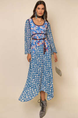 New Rixo Harmony Silk-Mix Blue Abstract Wave Midi Dress Sz XS S M L PRP: £325