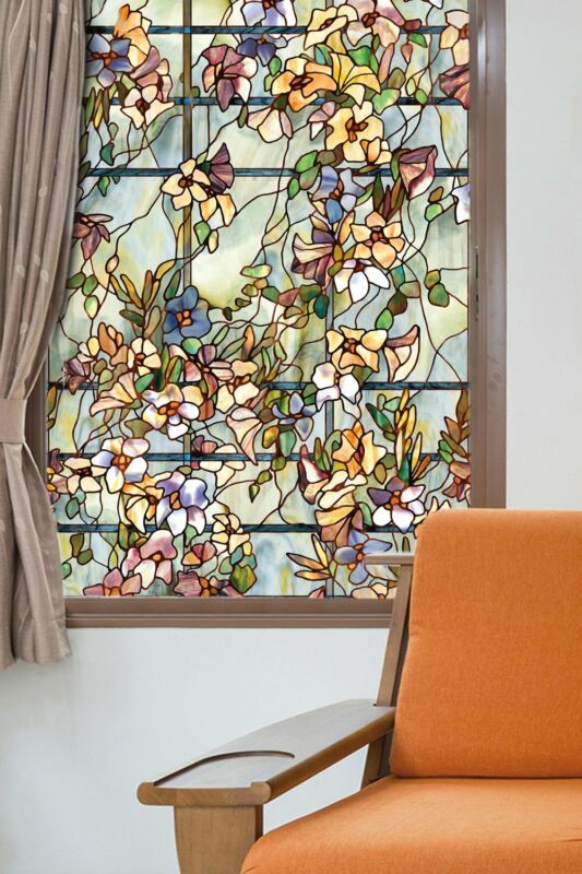 New 24x36 FLORAL TRELLIS Stained Glass Privacy Static Cling WINDOW FILM