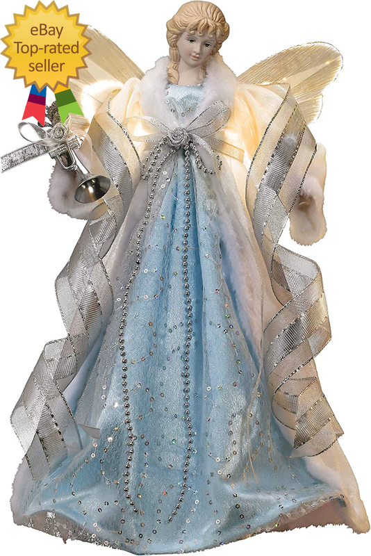 Lighted Christmas Tree Topper Angel with Timer 16 Inch Blue and Silver Fabric