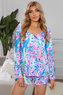 Vibrant Lounge Ensemble with Long-Sleeve Top and Matching Shorts