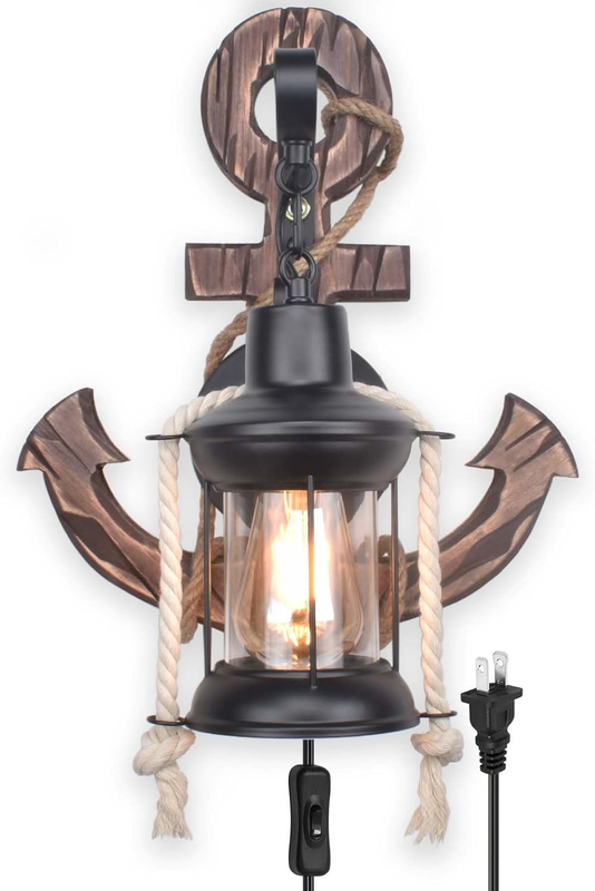 Anchor Pirate Nautical Wall Sconce Plug in or Hardwire, Indoor Antique Vintage Coastal Beach Ocean Themed Sconce Wall Light, Bedroom Rustic Wall Mount Lamp Light Fixtures ( Edison Bulb Included)