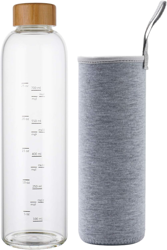32 Oz Glass Water Bottle with Time Marker Bamboo Lid Neoprene Sleeve for to Go T