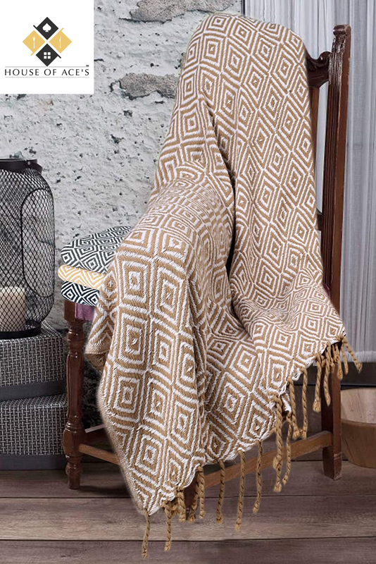 Throw Blanket with Fringes in Diamond Design 50X60 Inch - Linen Beige Cotton Th