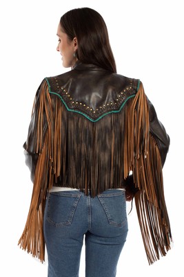 Pre-owned Scully Womens Bold Fringe Vintage Black Leather Leather Jacket