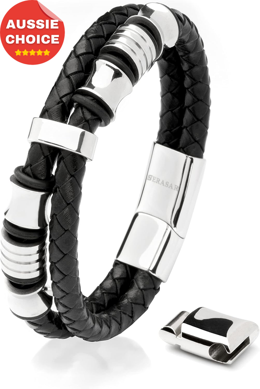 Mens Genuine Leather Black Bracelet Spirit Stylish Gift Accessory Trendy