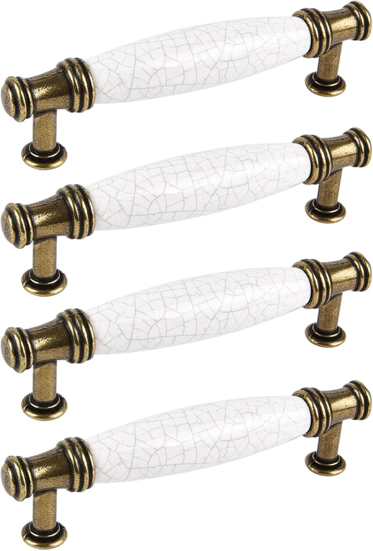 96 Mm Door Handles, 4 Pack Ceramic Marble Door Handles, Vintage Cabinet Handles, Antique Bow Pulls, Furniture Door Pull Handles for Kitchen Cabinet, Dresser, Cupboard, Door, Wooden Gates (A)