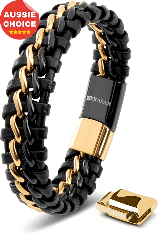 Men's Black Genuine Leather Bracelet with Steel Accents Stylish Gift