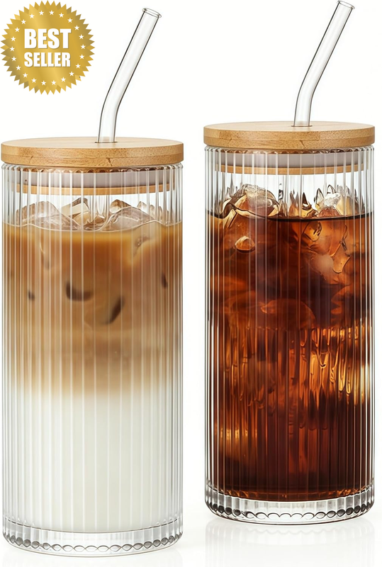 2Packglass Cups Set,16Oz Drinking Glasses with Lids Andglassstraws,Portable Dura