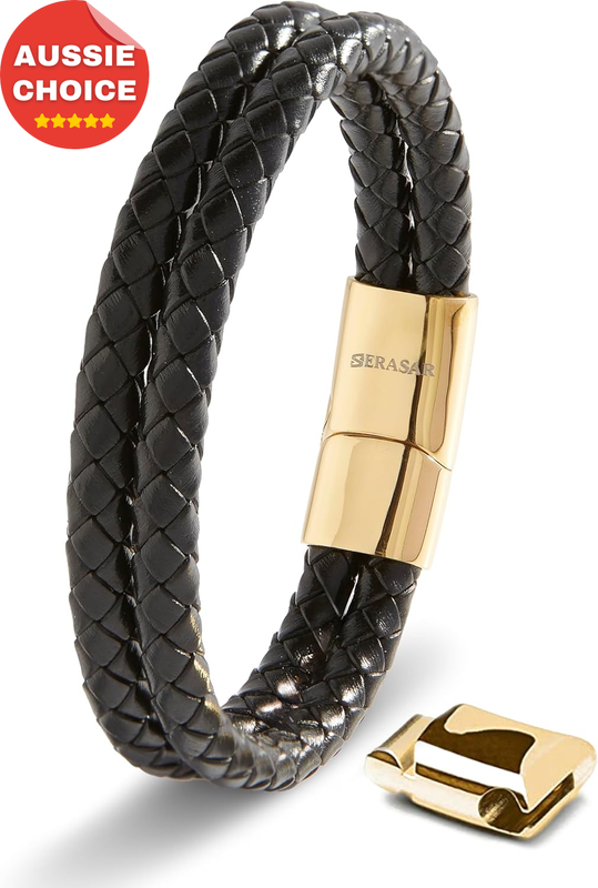 Men's Black Double Genuine Leather Bracelet Fashion Accessory Gift
