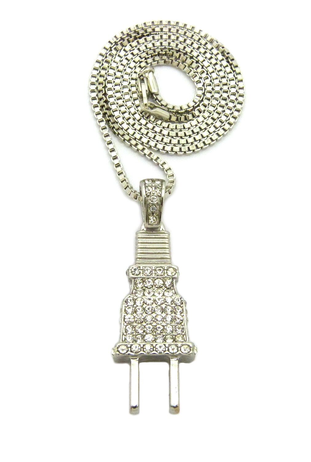 Stone Stud Power Plug Pendant with Chain Necklace - 2mm 24 inch Silver-tone Box Chain, Adult unisex Stone Stud Power Plug Pendant with Chain Necklace - 2mm 24 inch Silver-tone Box Chain, Adult unisex