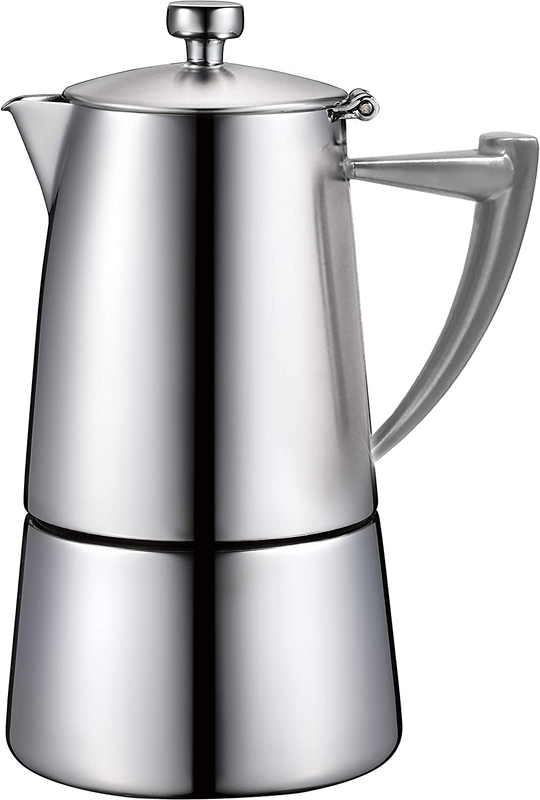 Roma Satin Stainless Steel Moka Pot Stovetop Espresso Maker, 10-Cup