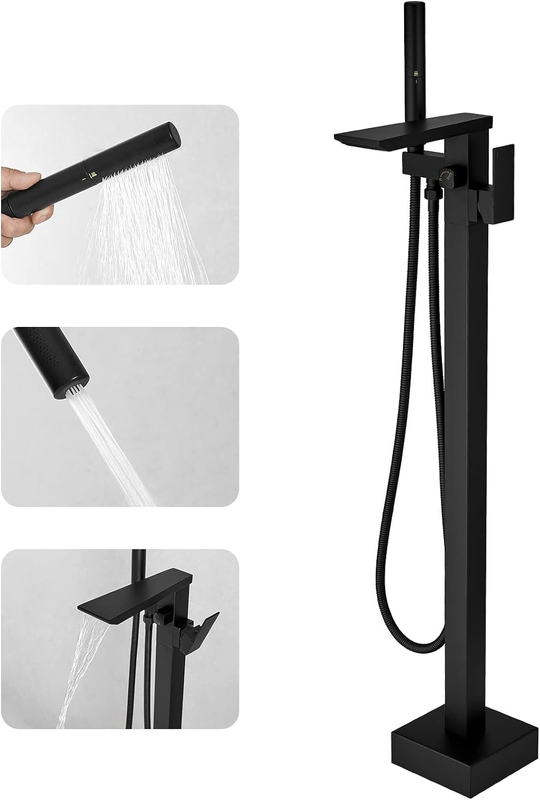 Matte Black Bathtub Filler Freestanding Tub Filler Floor Mount Tub Faucet Waterfall Free Standing Bathtub Faucet High Flow Brass Bath Shower Faucets with Handheld Sprayer