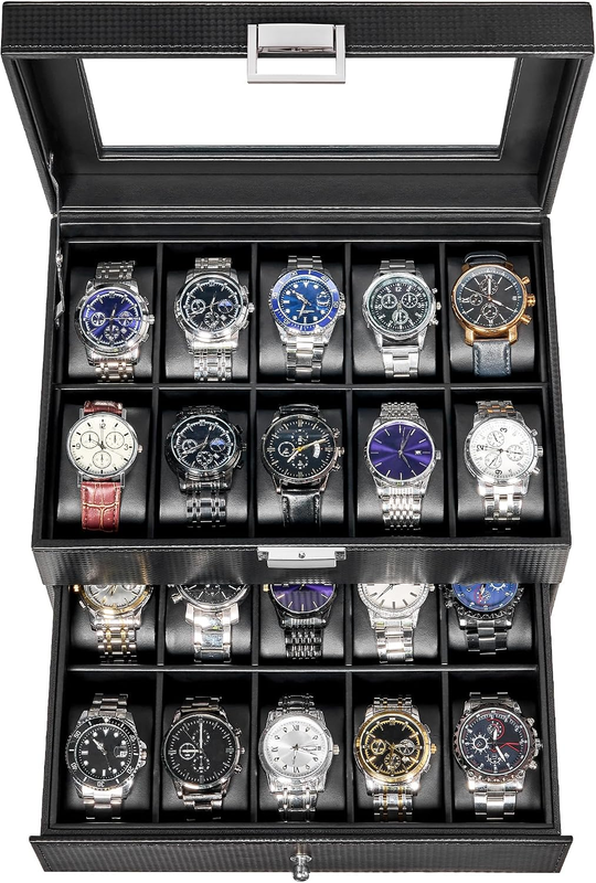 Watch Box 20 Slot Men Glass Lid 2 Tier Drawer Leather Watch Display Case Lock