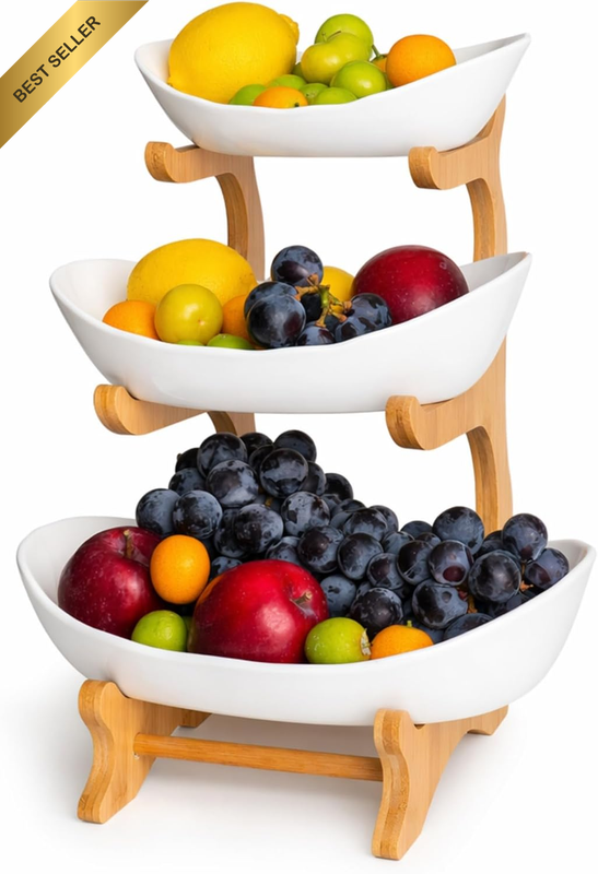3 Tier Porcelain Fruit Bowl Stand with Bamboo Frame, White Fruit Bowl | Space-Sa