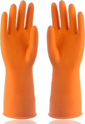 Sibba 1 Pairs Rubber Gloves Dishwashing Kitchen Dish Orange Regular Pattern 