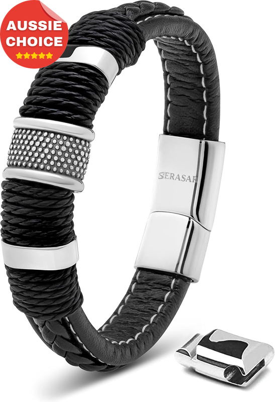 Men's Black Genuine Leather Ring Bracelet Adjustable Stylish Jewelry Gift