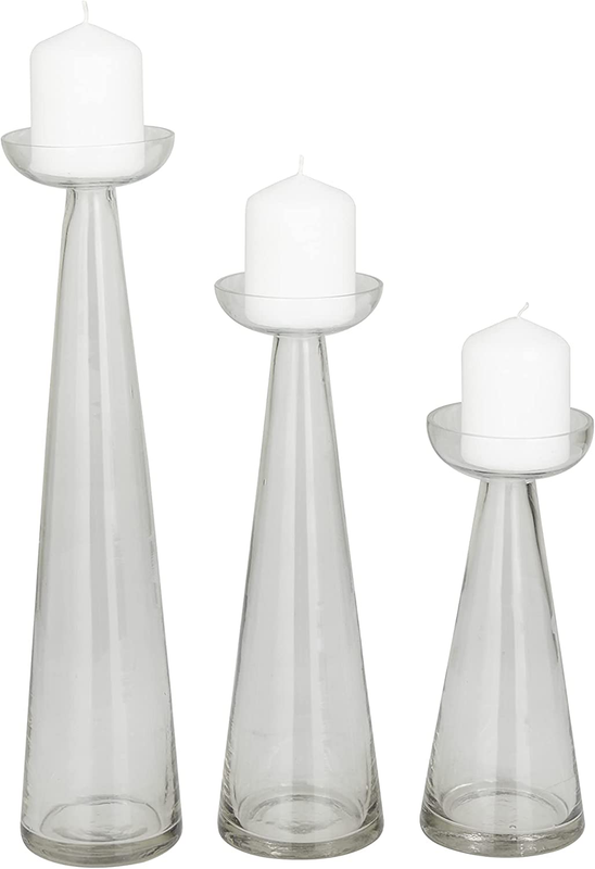 Deco 79 Glass Pillar Candle Holder, Set of 3 15", 12", 9"H, 