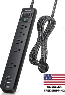 10 Ft Power Strip Surge Protector- 5 Outlets 3 USB Ports, Flat Plug Braided