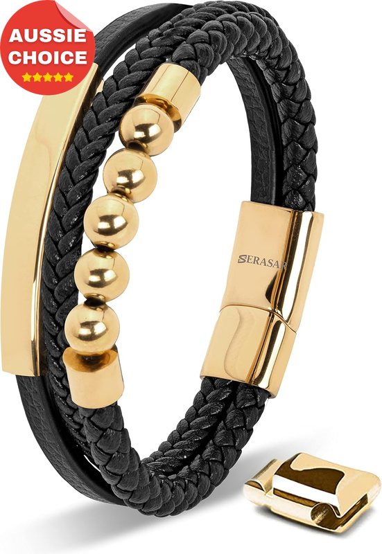 Men's Black Genuine Leather Bracelet with Pearl Accent Gift for Him