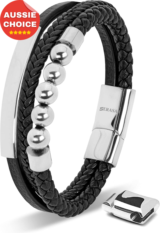 Black Genuine Leather Men's Bracelet with Pearl Accent Stylish Jewelry Gift