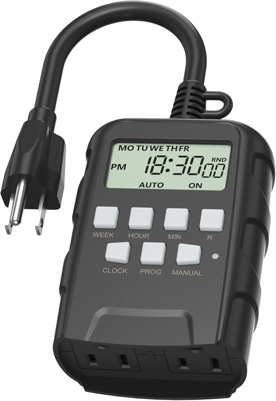 7 Day Outdoor Heavy Duty Digital Programmable Timer, 125VAC, 60Hz, Dual Outlet,