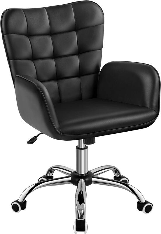 Modern Faux Leather Office Chair Ergonomic Adjustable Computer Chair with Wide Seat, Padded Armrests for Study, Bedroom Black