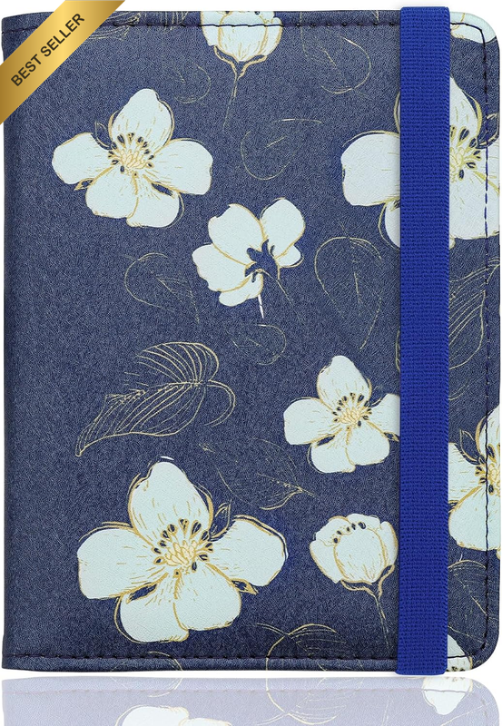 RFID Blocking Leather Passport Holder Travel Document Organizer Blue Flowers