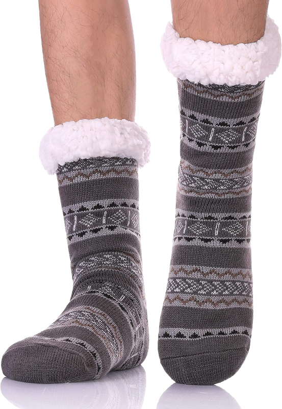 Men'S Fuzzy Ripple Slipper Socks Super Soft Warm Fleece Lining Knit Non Slip Win