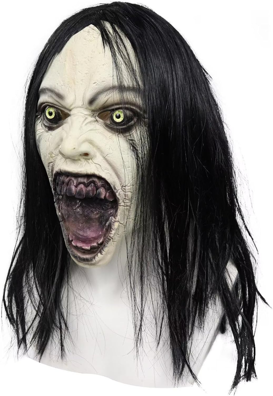 Horror Crying Woman Mask with Wig Scary Demon Ghost Full Head Halloween Cosplay