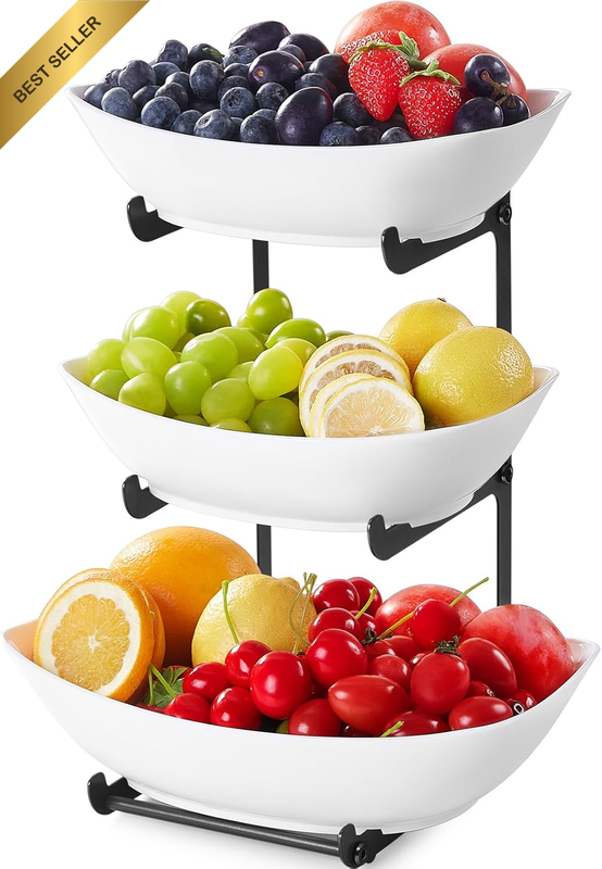 Plastic Fruit Bowl Basket for Kitchen Countertop, 3 Tier Fruit Holder with Black