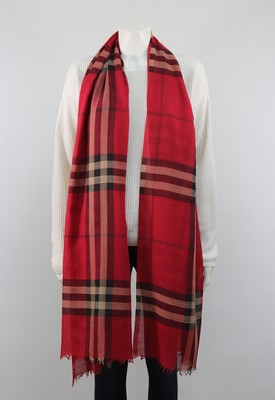 BURBERRY Lightweight Wool Silk Blend Nova Check Red Shawl Scarf Authentic