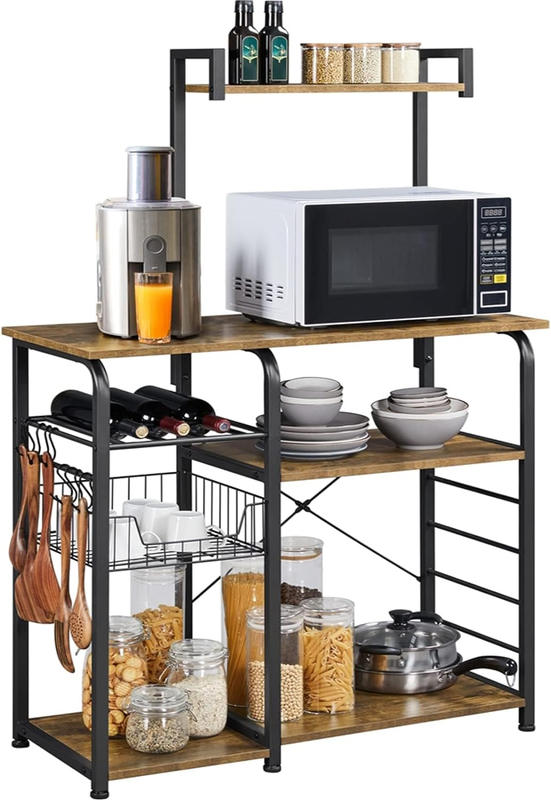 Kitchen Bakers Rack with Wire Basket, Microwave Stand Coffee Bar Cart with 10 S-