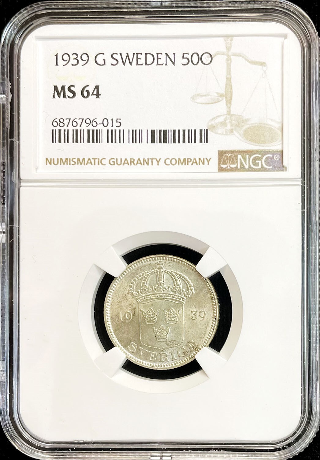1939 G SILVER SWEDEN 50 ORE GUSTAF V COIN NGC MINT STATE 64