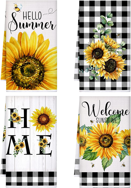 4Pcs Sunflower Kitchen Towels with Hanging Loop Sunflower Decor for Kitchen Dish