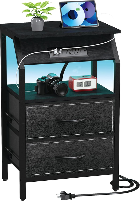 End Table with Light, LED Nightstand with 2 Drawers and Type C Charging Station, Small Fabric Dresser for Bedside, Storage Side Table for Living Room, Dorm, Black