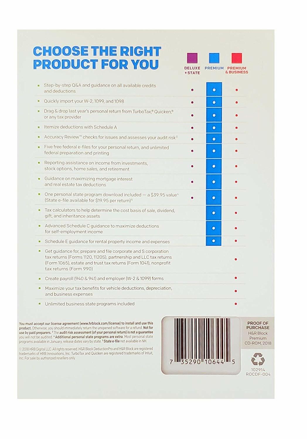 New Sealed 2018 H&R Block Tax Software Federal + State Self-Employed/Rental