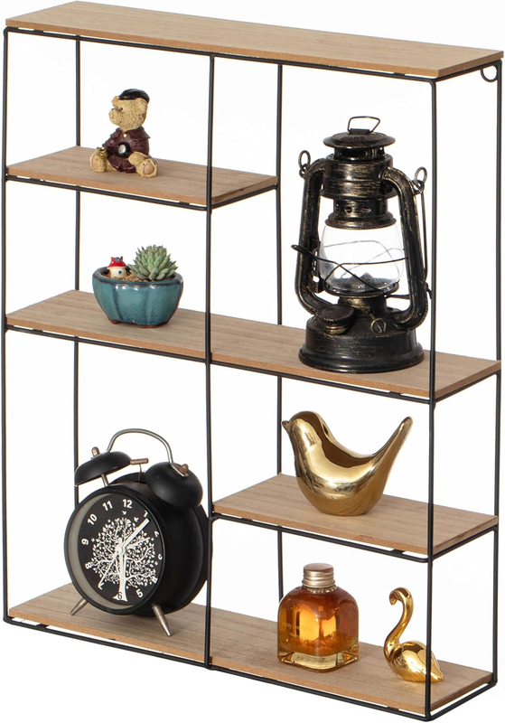 Rectangular 4-Tier Floating Wall Shelf - Metal and Wood Wall-Mounted Display Shelf - Multi-Functional Wall Storage, Perfect for Entryway, Bathroom, Bedroom, Living Room, or Office